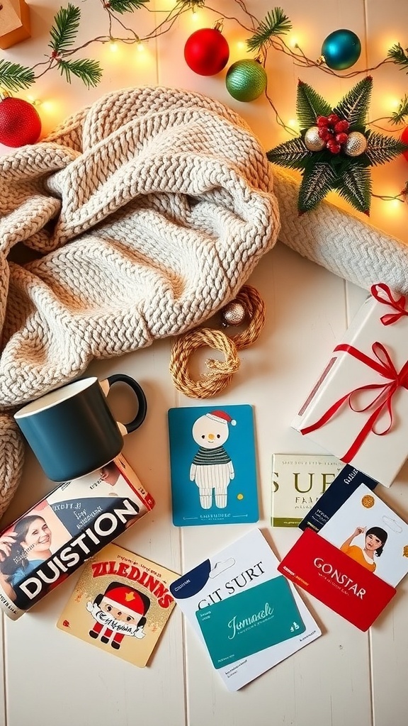 A flat lay of Christmas wishlist items including a blanket, coffee mug, books, and gift cards surrounded by holiday decorations.